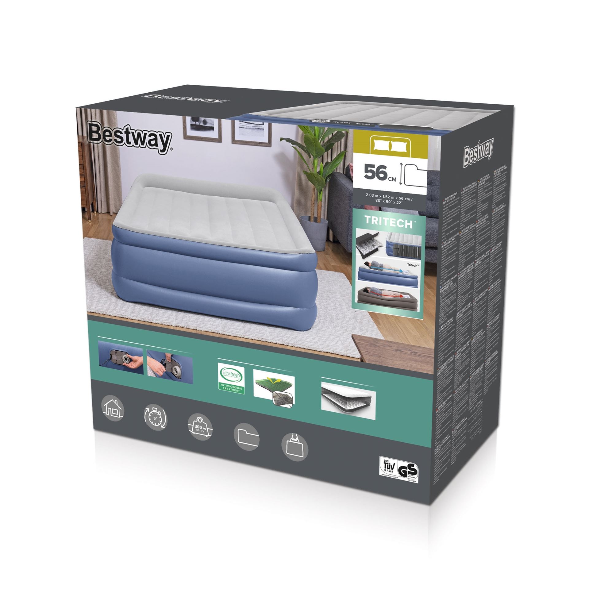 Bestway airbed 'Tritech Queen' - 203x152x56 cm - with built-in pump and deflation valve - Tritech material - Retains its shape Bestway-2-03m-x-1-52m-x-56cm-Tritech-Air-Mattress-Queen-Built-in-AC-Pump