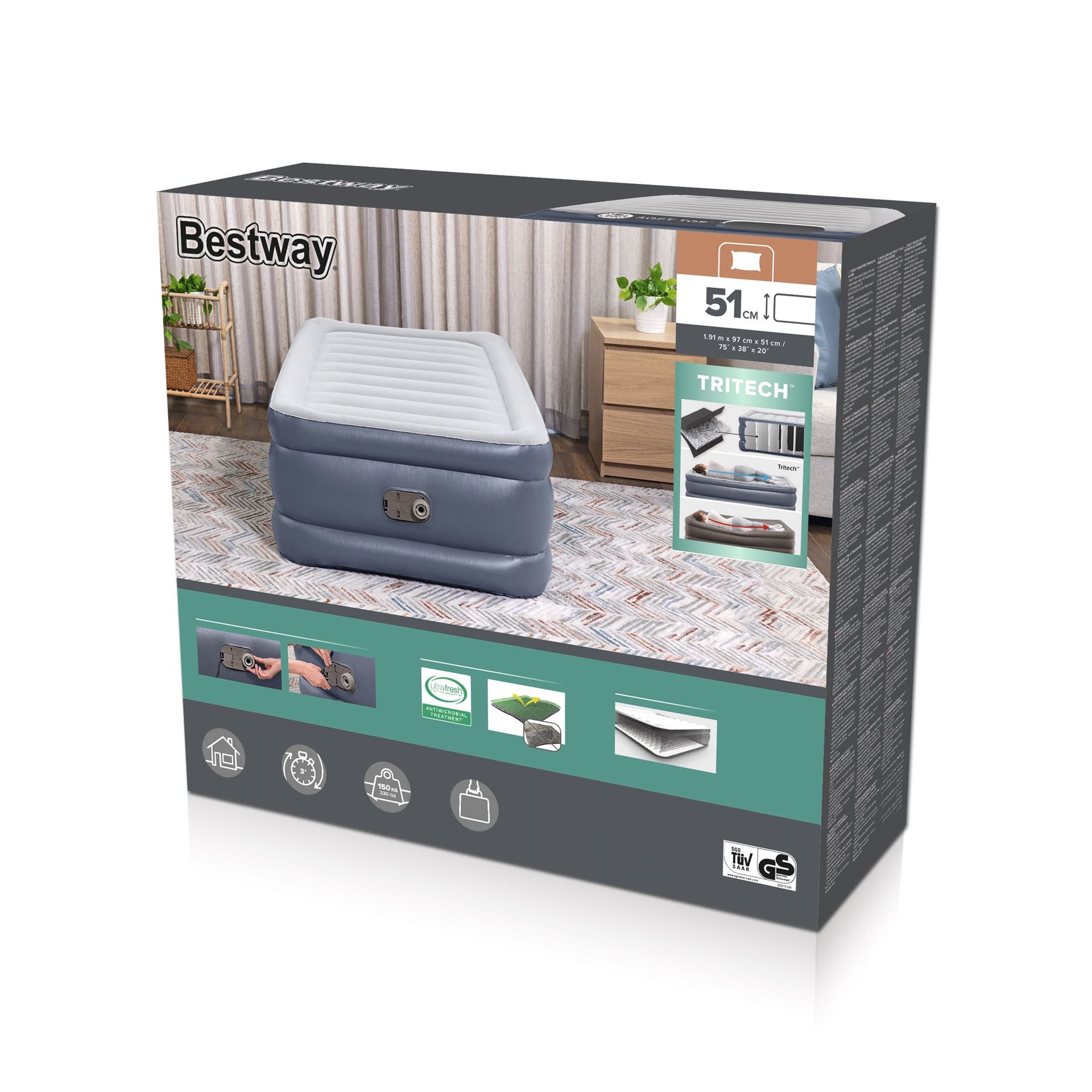 Bestway luchtbed 'Tritech Twin' - 191x97x51 cm - met zijkant, ingebouwde pomp - blauw/wit Bestway-1-91m-x-97cm-x-51cm-Tritech-Air-Mattress-Twin-Built-in-AC-Pump