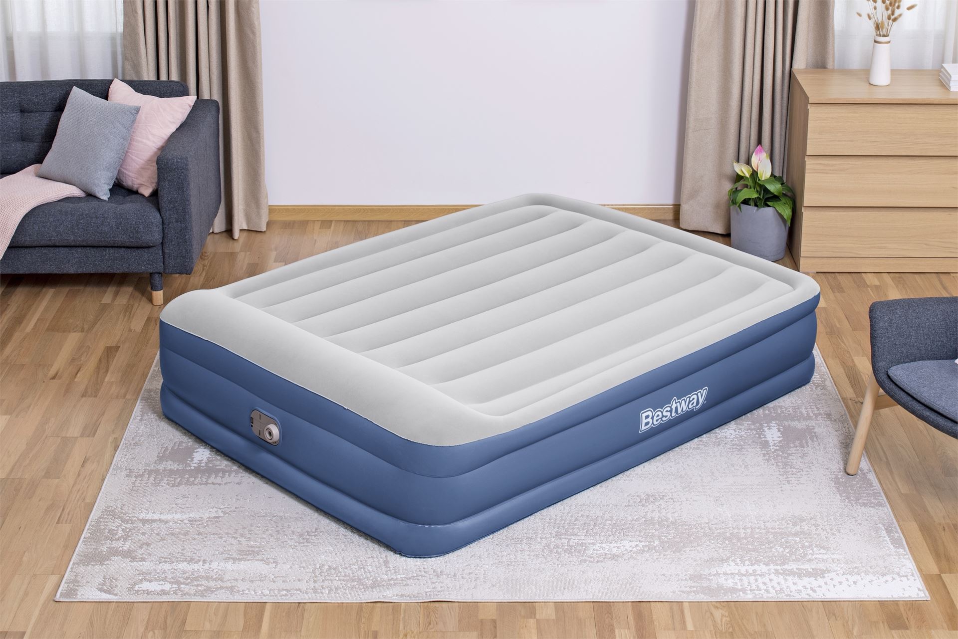 Bestway luchtbed 'Tritech Queen' - 203x152x46 cm - met zijkant, ingebouwde pomp, leegloopventiel en hoofdkussen - blauw/grijs Bestway-2-03m-x-1-52m-x-46cm-Tritech-Air-Mattress-Queen-Built-in-AC-Pump