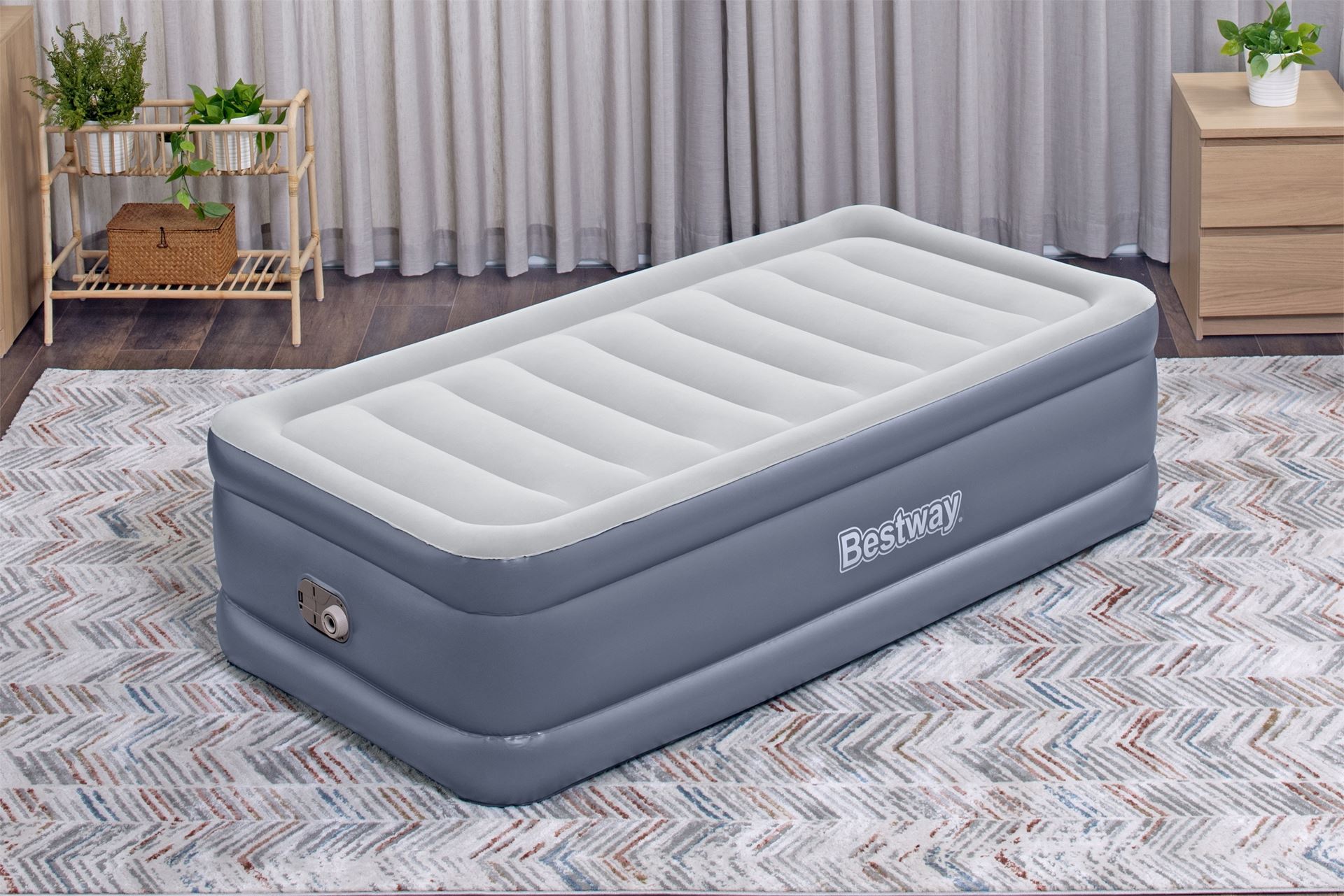 Bestway luchtbed 'Tritech Twin' - 191x97x51 cm - met zijkant, ingebouwde pomp - blauw/wit Bestway-1-91m-x-97cm-x-51cm-Tritech-Air-Mattress-Twin-Built-in-AC-Pump
