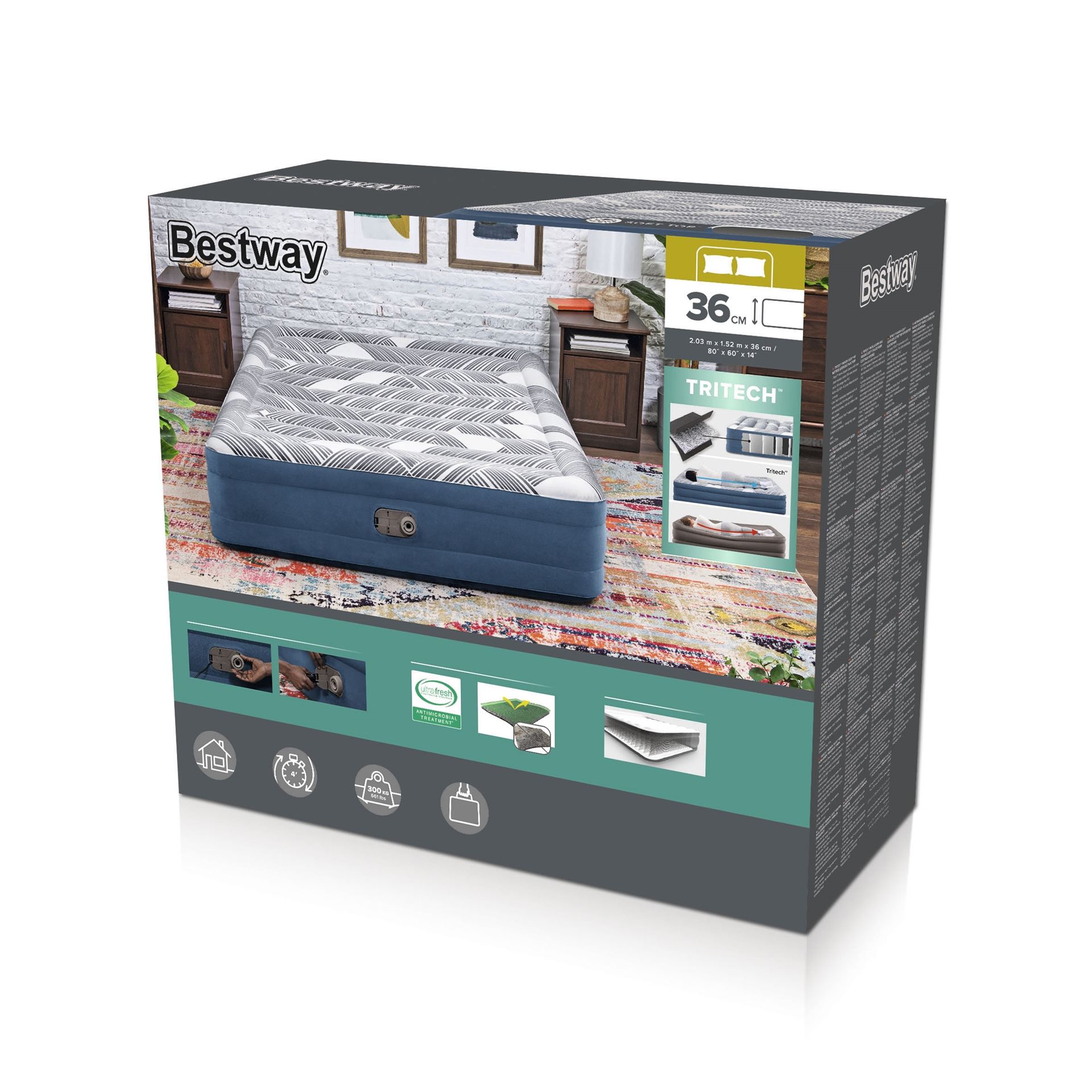 Bestway matelas à air 'Tritech Queen' - 203x152x36 cm - avec côté, pompe intégrée Bestway-2-03m-x-1-52m-x-36cm-Tritech-Fashion-Flock-Air-Mattress-Queen-Built-in-AC-Pump