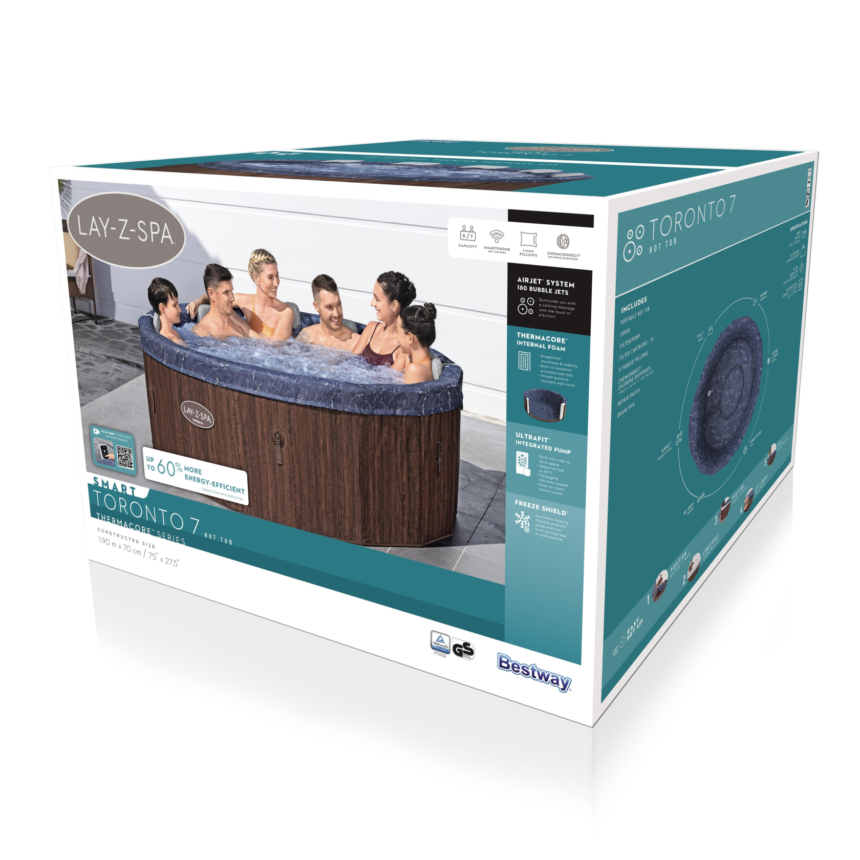 Lay-Z-Spa Toronto 7 personnes - 196x66cm - avec pompe intégrée - ThermaCore UltraFit Smart AirJet