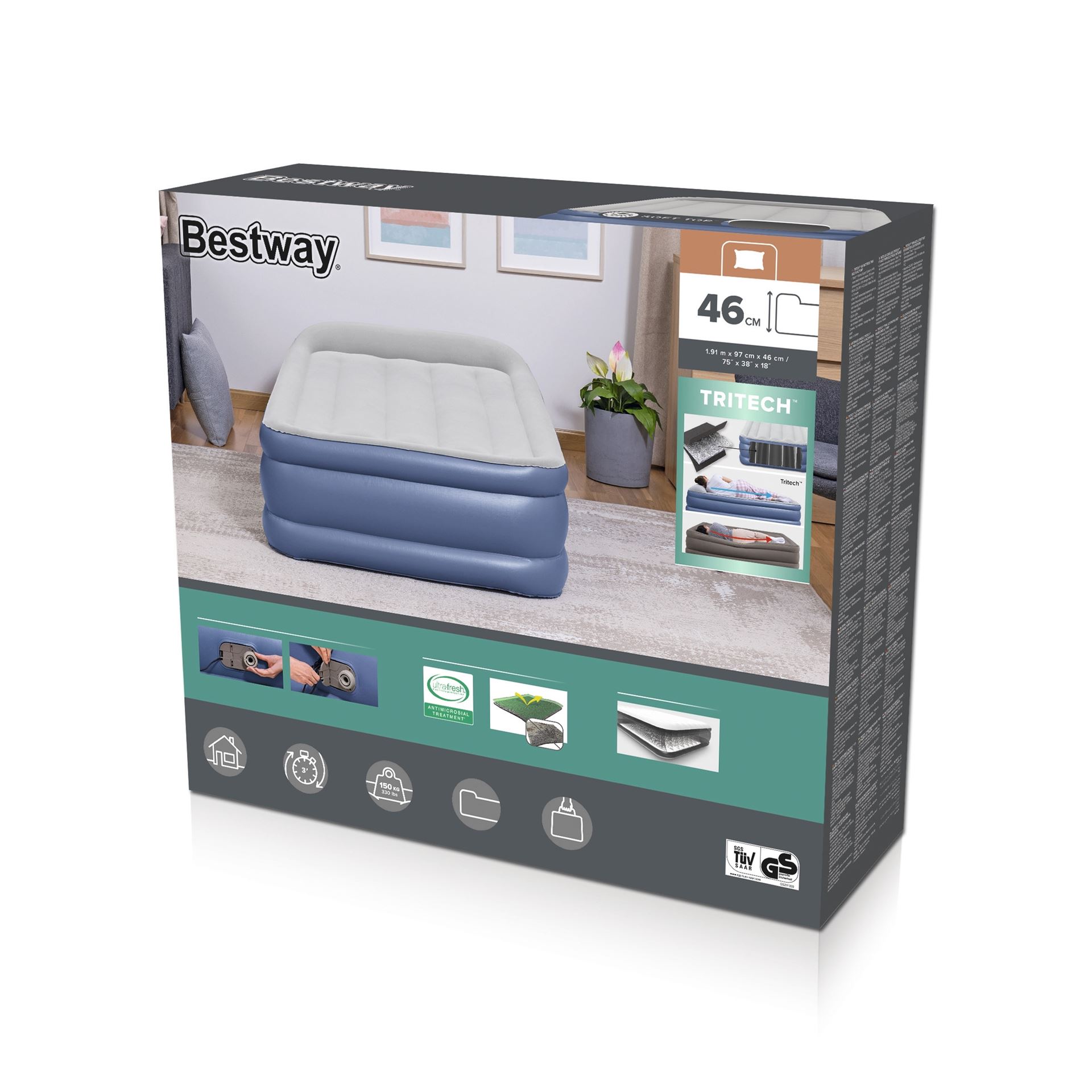 Bestway luchtbed 'Tritech Queen' - 191x97x46 cm - met ingebouwde USB pomp Bestway-1-91m-x-97cm-x-46cm-Tritech-Air-Mattress-Twin-Built-in-AC-Pump