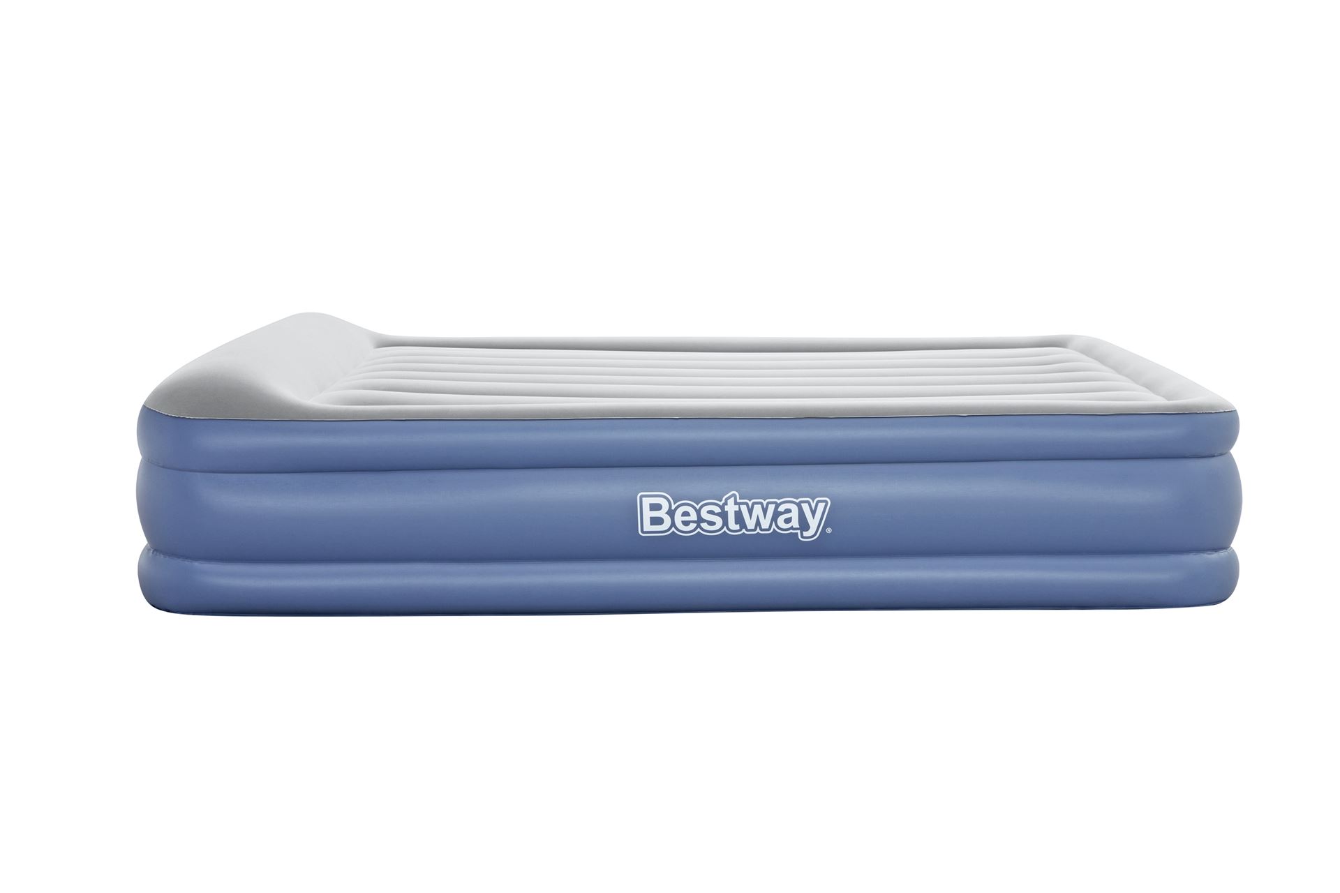 Bestway luchtbed 'Tritech Queen' - 203x152x46 cm - met zijkant, ingebouwde pomp, leegloopventiel en hoofdkussen - blauw/grijs Bestway-2-03m-x-1-52m-x-46cm-Tritech-Air-Mattress-Queen-Built-in-AC-Pump
