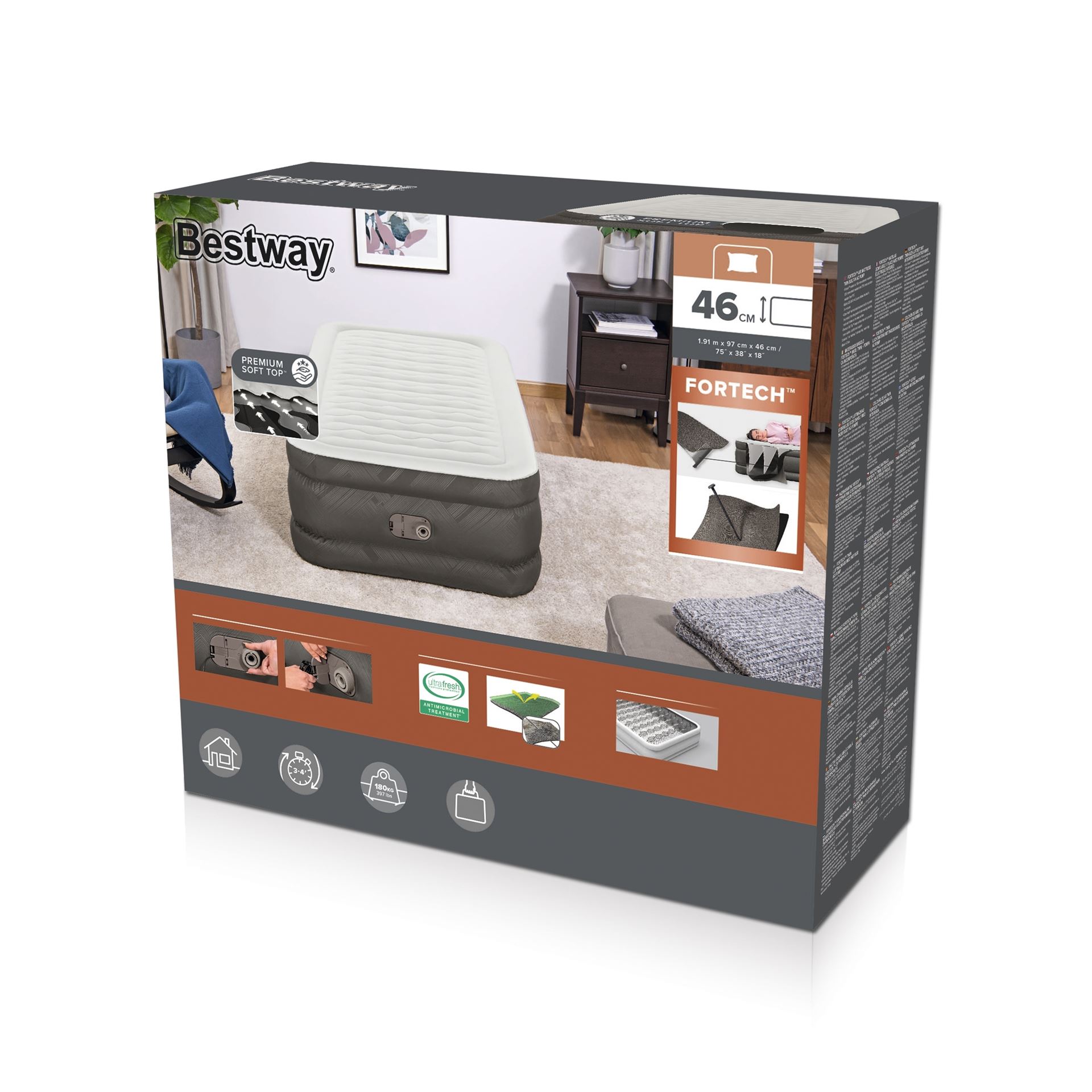 Bestway luchtbed 'Fortech Twin' - 191x97x46 cm - met ingebouwde pomp - bruin/grijs Bestway-1-91m-x-97cm-x-46cm-Fortech-Air-Mattress-Twin-Built-in-AC-pump