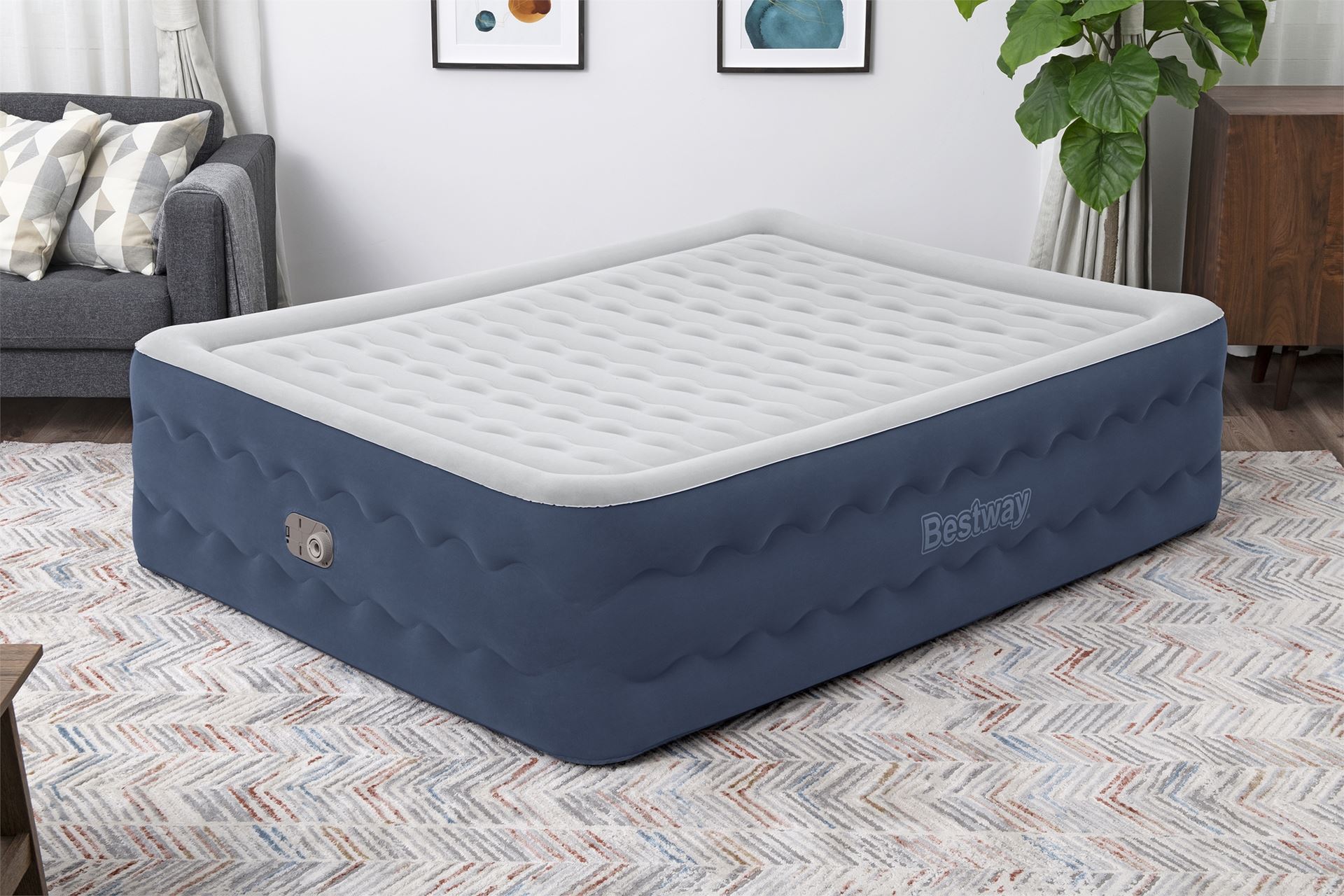 Bestway air bed 'Tritech Queen' - 203x152x51 cm - with side, built-in pump - Luxury design blue/white Bestway-2-03m-x-1-52m-x-51cm-Tritech-Truleisure-Air-Mattress-Queen-Built-in-AC-pump