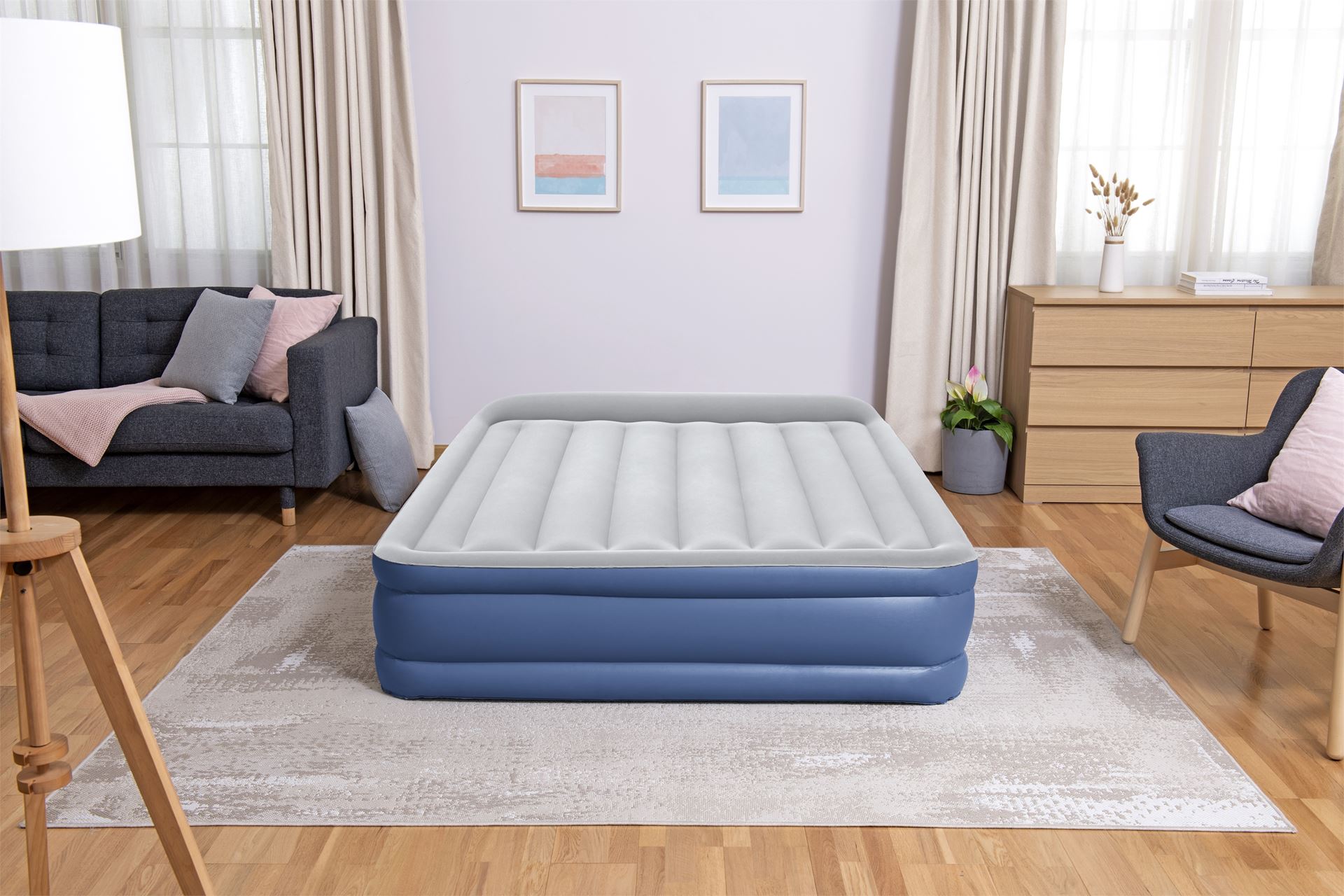 Bestway luchtbed 'Tritech Queen' - 203x152x46 cm - met zijkant, ingebouwde pomp, leegloopventiel en hoofdkussen - blauw/grijs Bestway-2-03m-x-1-52m-x-46cm-Tritech-Air-Mattress-Queen-Built-in-AC-Pump