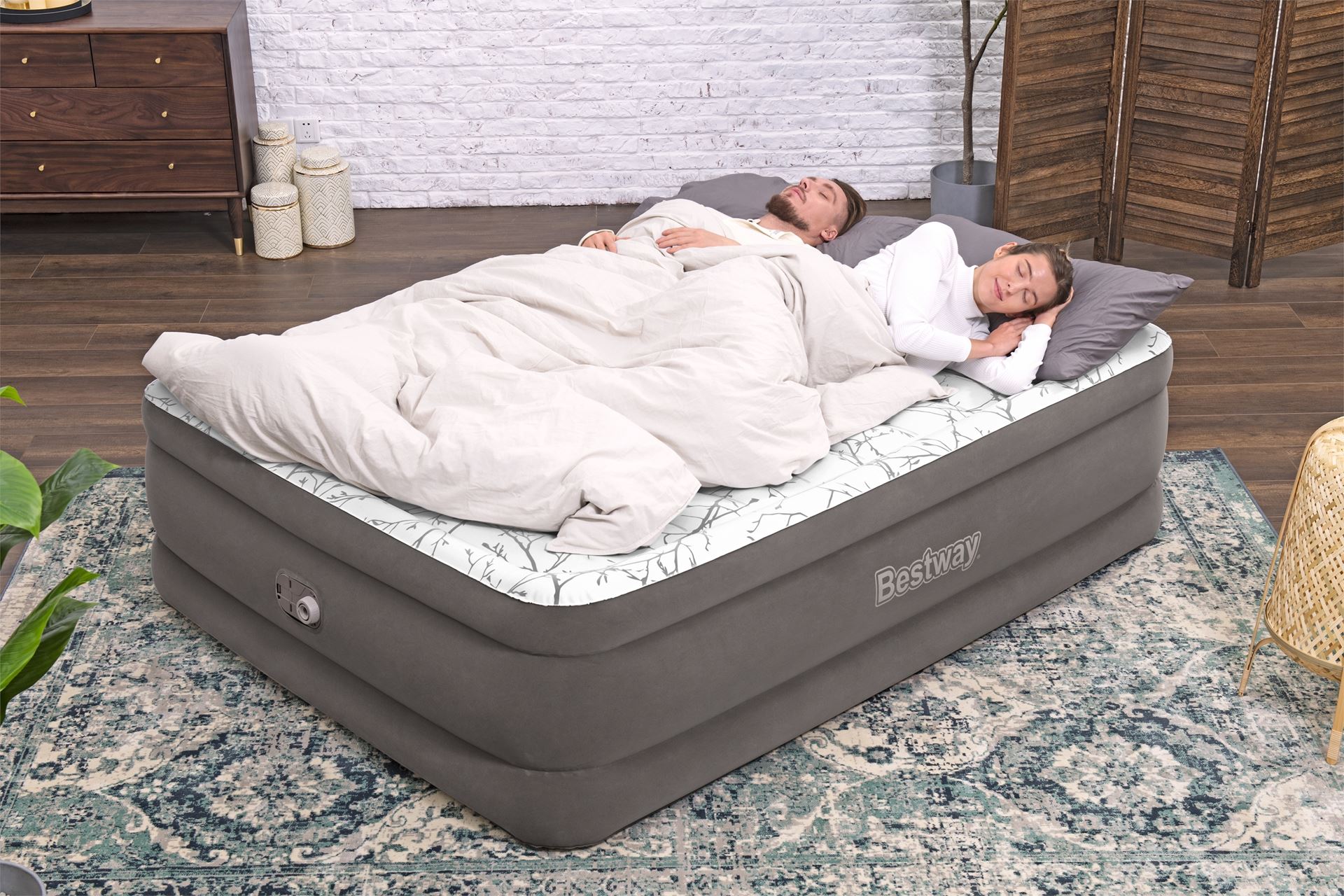 Bestway-2-03m-x-1-52m-x-56cm-Tritech-Fashion-Flock-Air-Mattress-Queen-Built-in-AC-Pump