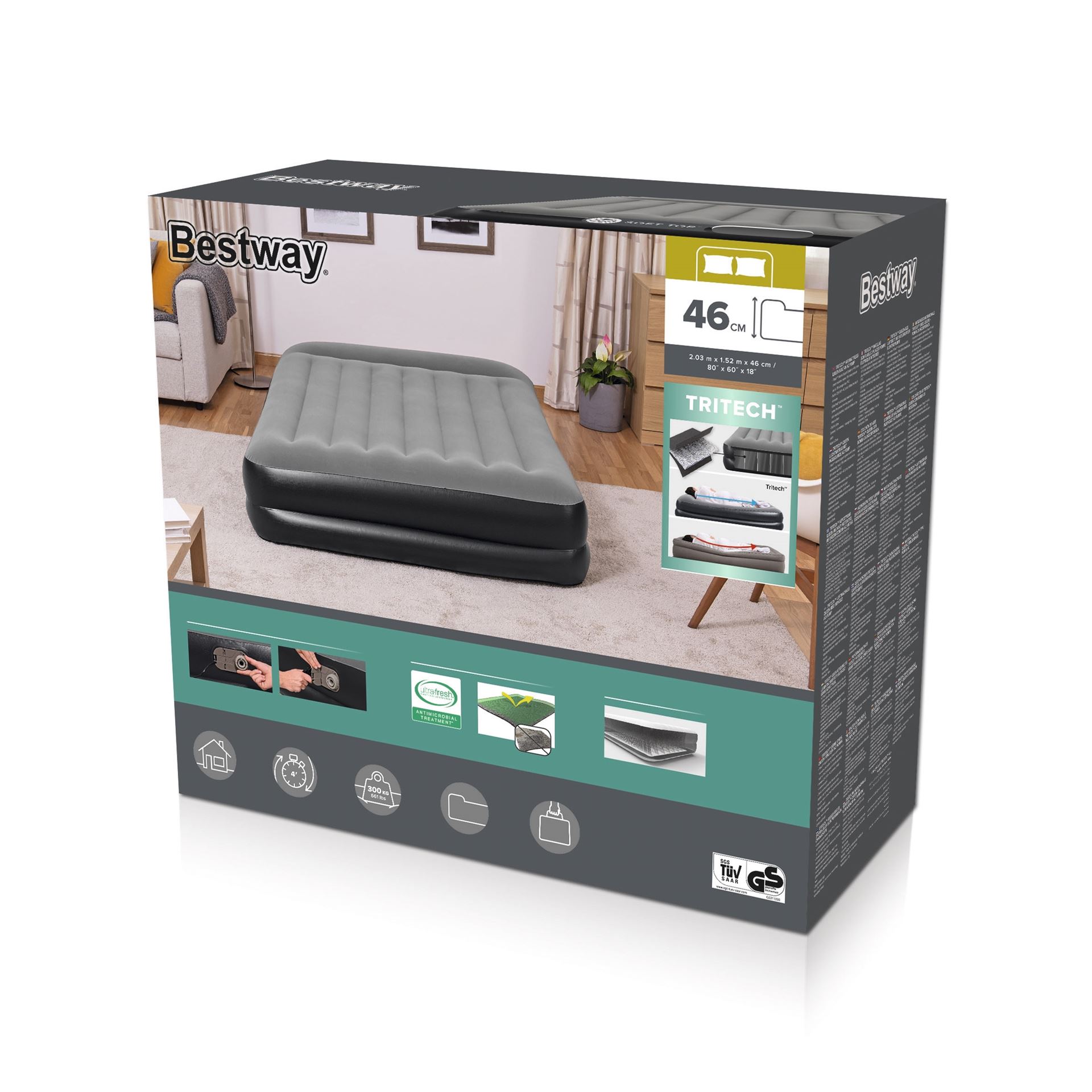 Bestway luchtbed 'Tritech Queen' - 203x152x46 cm - met ingebouwde pomp, leegloopventiel en hoofdkussen - zwart/grijs Bestway-2-03m-x-1-52m-x-46cm-Tritech-Air-Mattress-Queen-Built-in-AC-pump