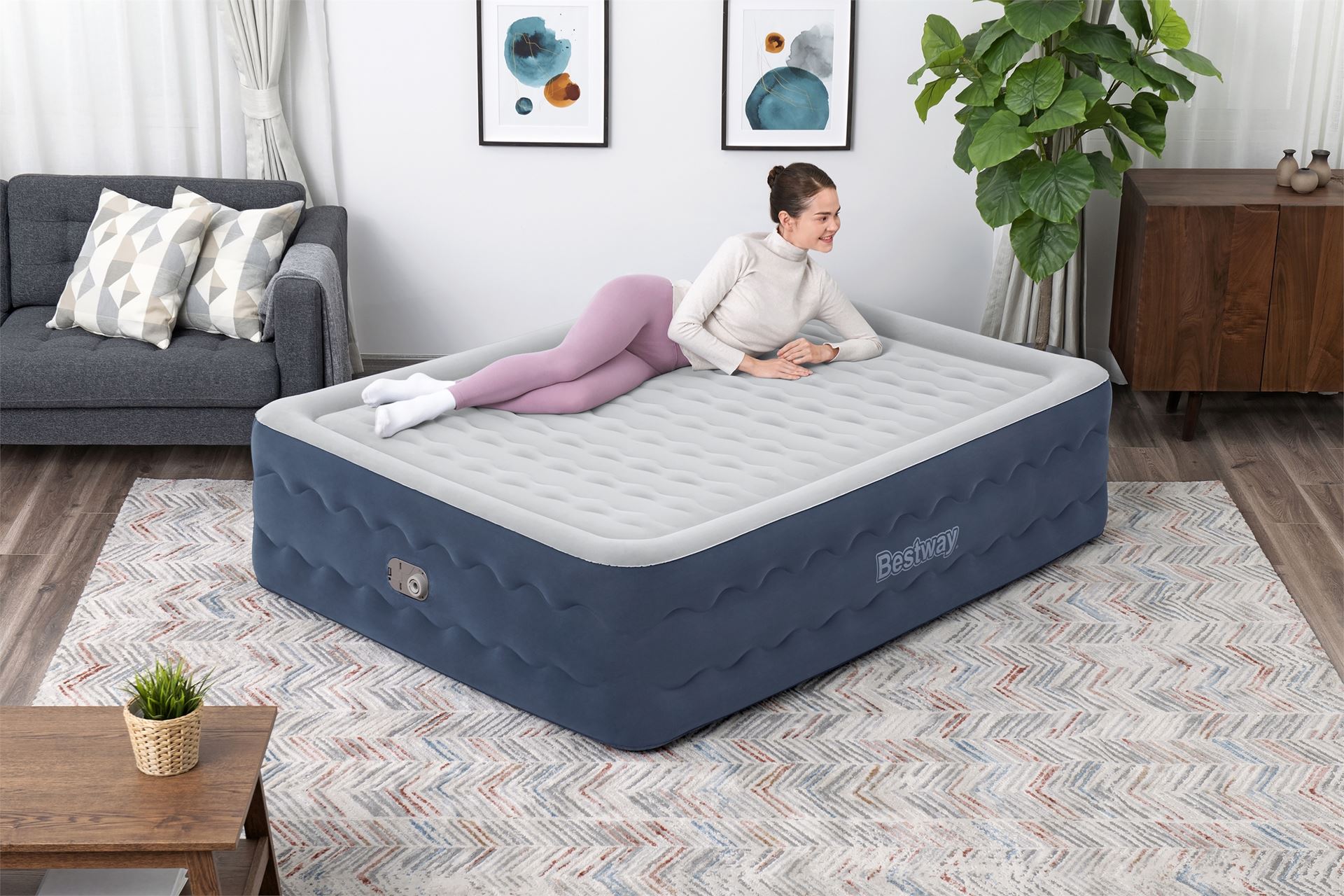 Bestway air bed 'Tritech Queen' - 203x152x51 cm - with side, built-in pump - Luxury design blue/white Bestway-2-03m-x-1-52m-x-51cm-Tritech-Truleisure-Air-Mattress-Queen-Built-in-AC-pump