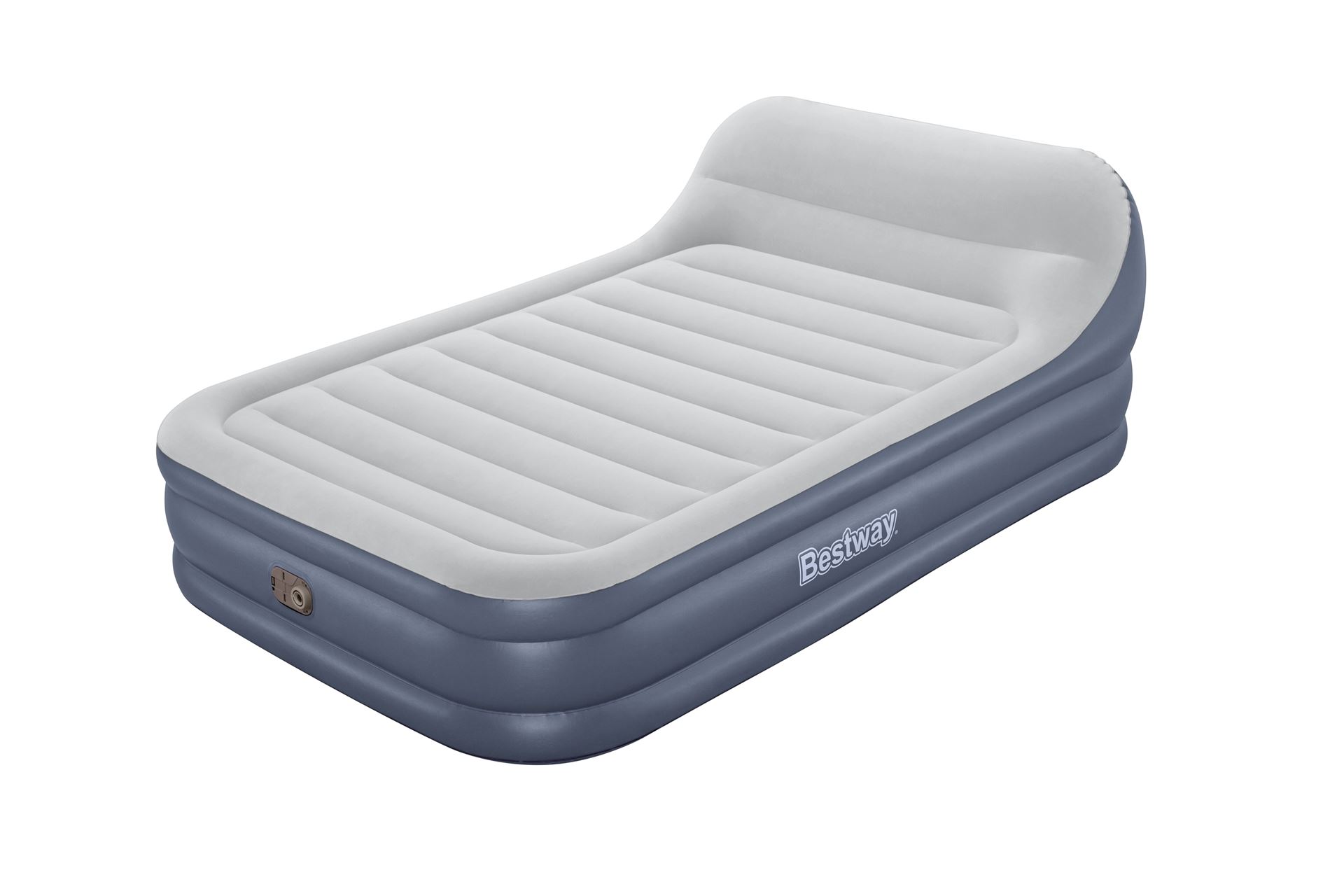Bestway matelas d'air 'Tritech Queen' - 226x152x84 cm - avec grand oreiller, côté, pompe incorporée et valve de dégonflage - bleu/gris Bestway-2-26m-x-1-52m-x-84cm-Tritech-SleekFlow-Headboard-Air-Mattress-Queen-Built-in-AC-pump