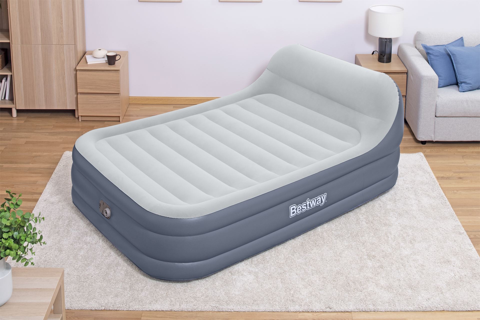 Bestway matelas d'air 'Tritech Queen' - 226x152x84 cm - avec grand oreiller, côté, pompe incorporée et valve de dégonflage - bleu/gris Bestway-2-26m-x-1-52m-x-84cm-Tritech-SleekFlow-Headboard-Air-Mattress-Queen-Built-in-AC-pump