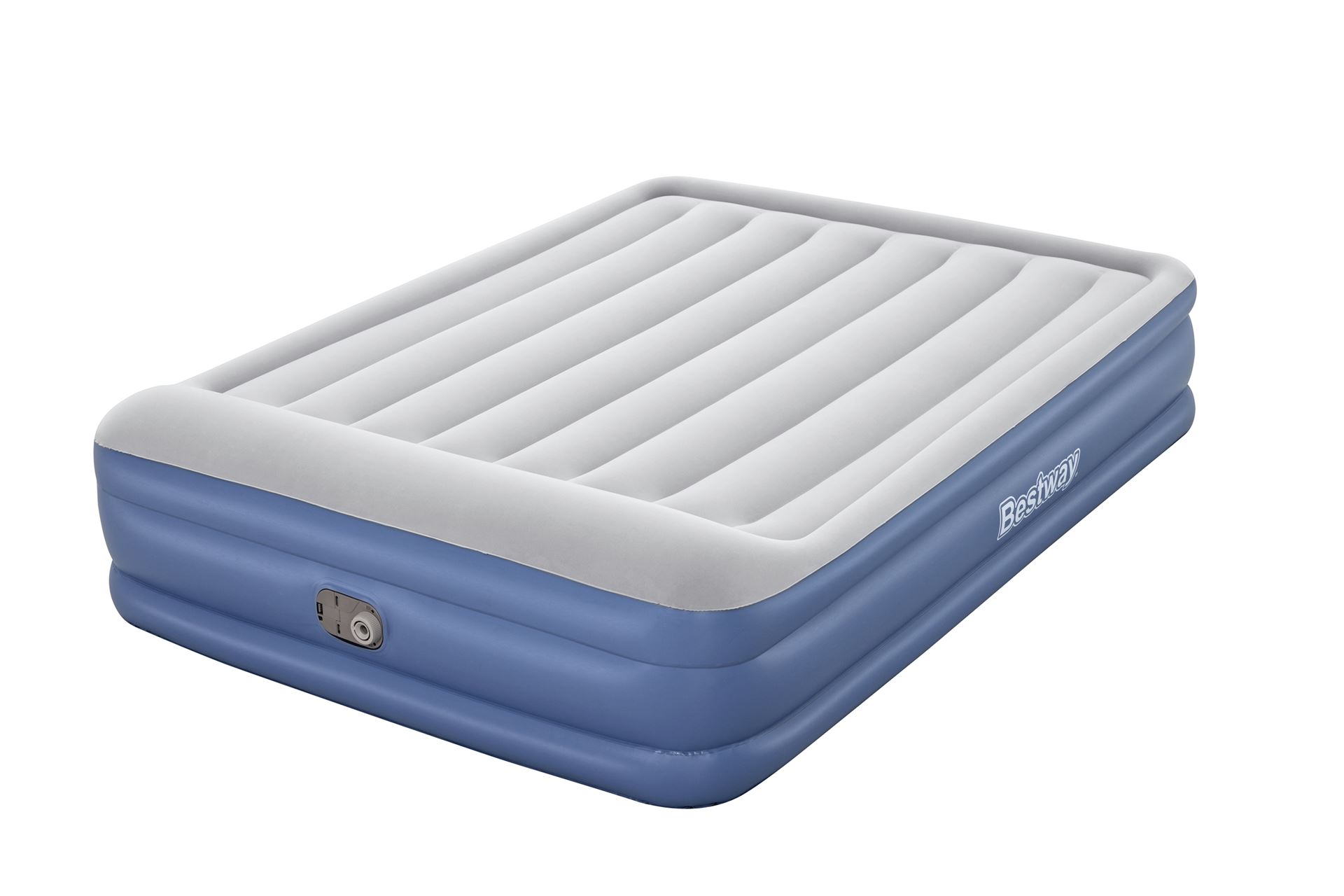 Bestway luchtbed 'Tritech Queen' - 203x152x46 cm - met zijkant, ingebouwde pomp, leegloopventiel en hoofdkussen - blauw/grijs Bestway-2-03m-x-1-52m-x-46cm-Tritech-Air-Mattress-Queen-Built-in-AC-Pump