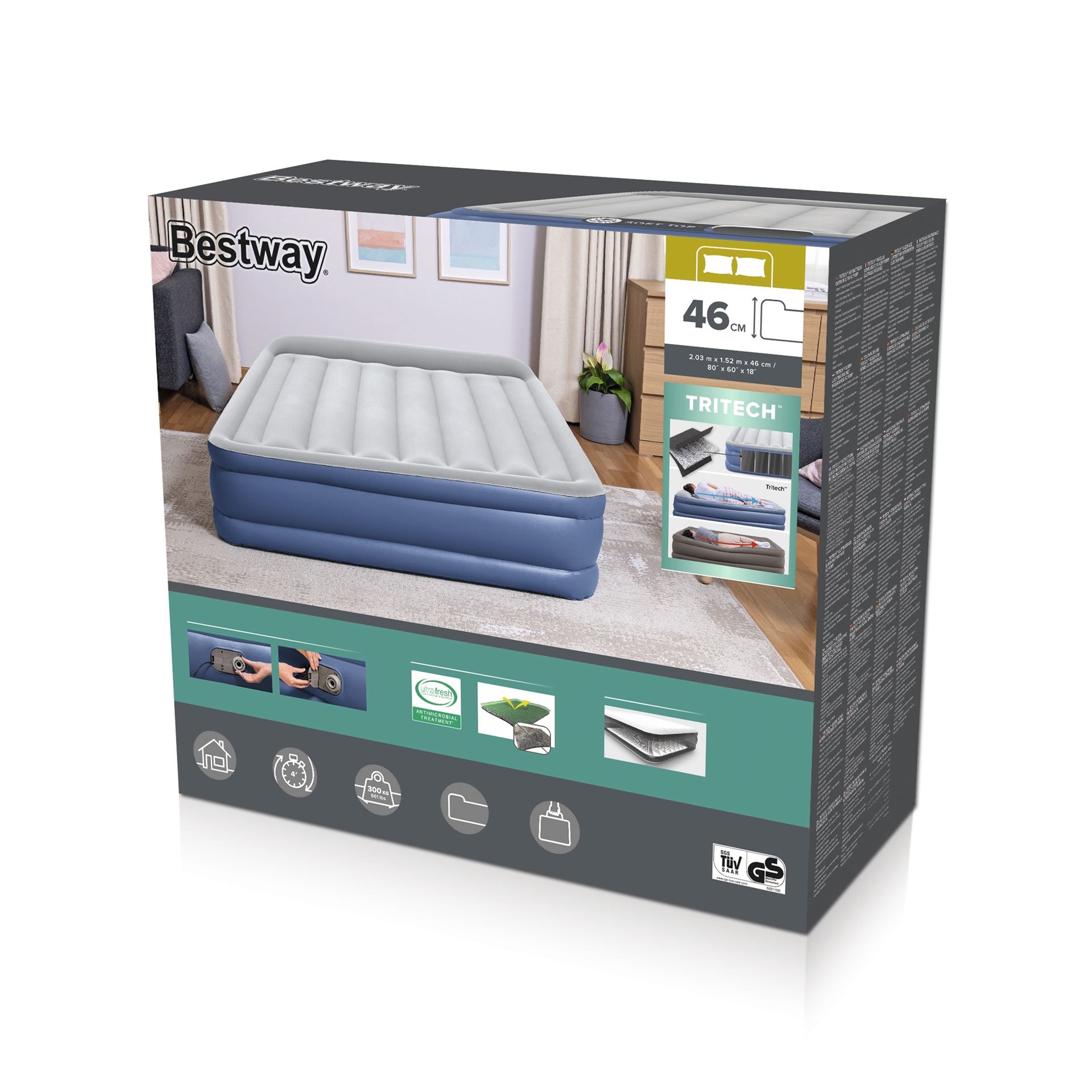 Bestway luchtbed 'Tritech Queen' - 203x152x46 cm - met zijkant, ingebouwde pomp, leegloopventiel en hoofdkussen - blauw/grijs Bestway-2-03m-x-1-52m-x-46cm-Tritech-Air-Mattress-Queen-Built-in-AC-Pump
