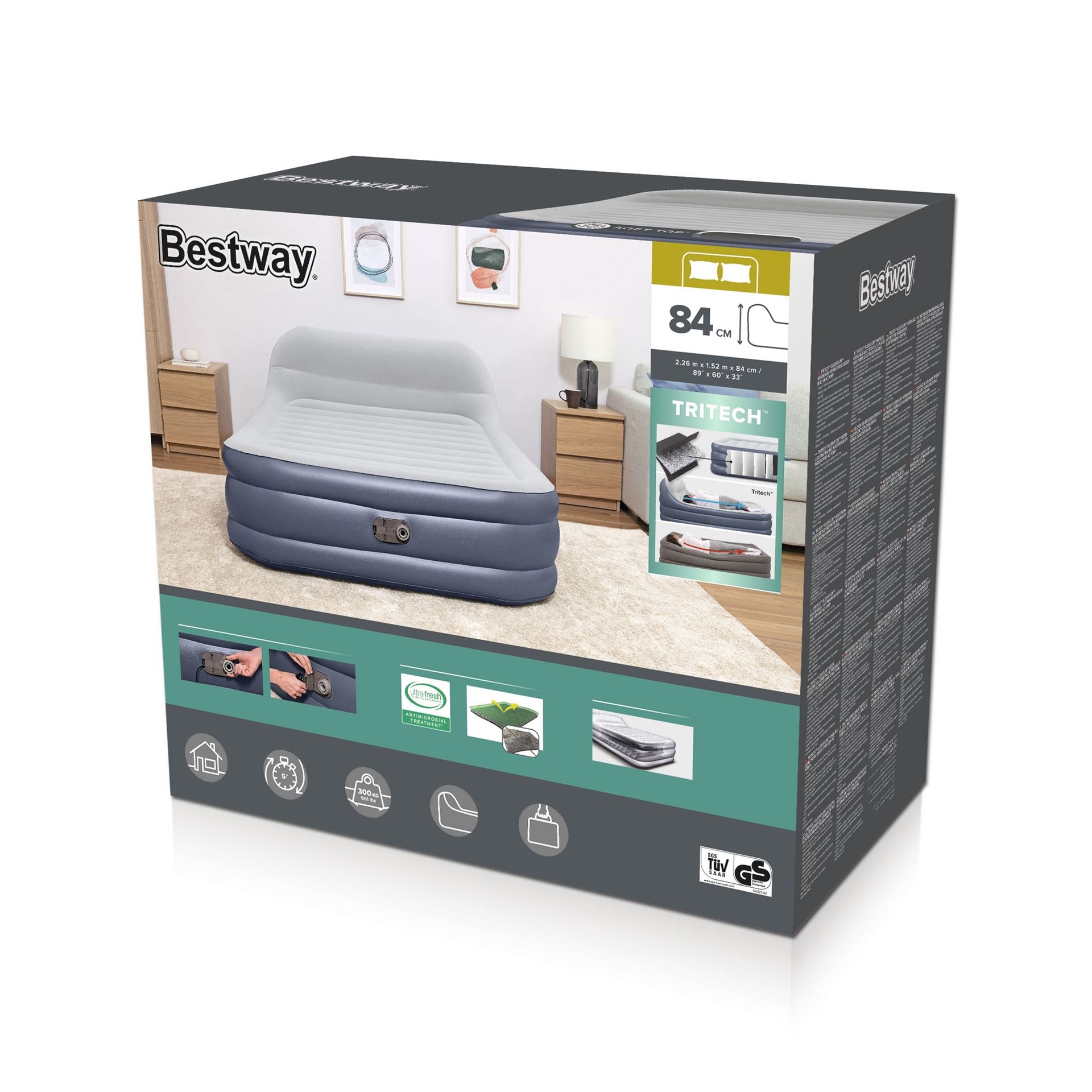 Bestway matelas d'air 'Tritech Queen' - 226x152x84 cm - avec grand oreiller, côté, pompe incorporée et valve de dégonflage - bleu/gris Bestway-2-26m-x-1-52m-x-84cm-Tritech-SleekFlow-Headboard-Air-Mattress-Queen-Built-in-AC-pump